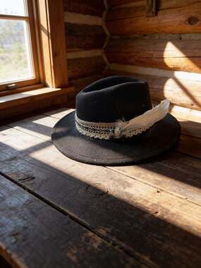 One of a Kind Black Wide Brim Fedora Rancher Hat with Feather and Turquoise Char